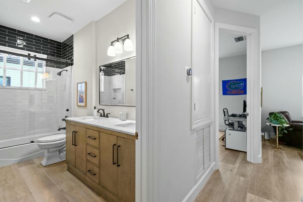 Bathroom, Glass Shower, Interior, Recessed Lighting, Wood Texture Flooring