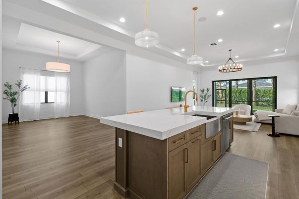 Chandelier, Interior, Kitchen, Living room, Pendant Lights, Recessed Lighting, Wood Texture Flooring