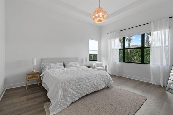 Bedroom, Interior, Pendant Lights, Wood Texture Flooring