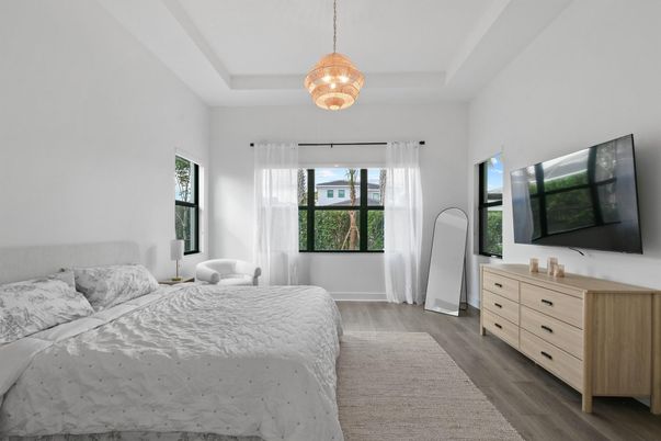 Bedroom, Interior, Pendant Lights, Wood Texture Flooring