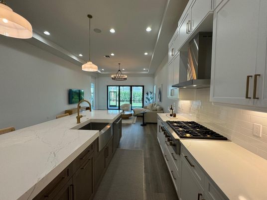Chandelier, Interior, Kitchen, Living room, Pendant Lights, Recessed Lighting, Wood Texture Flooring