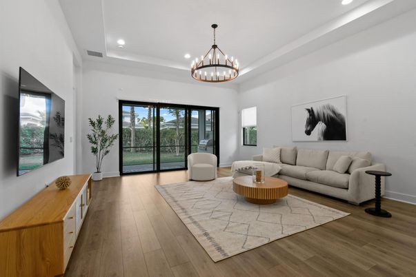 Chandelier, Interior, Living room, Recessed Lighting, Wood Texture Flooring
