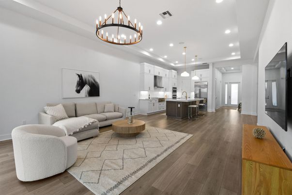 Chandelier, Interior, Kitchen, Living room, Pendant Lights, Recessed Lighting, Wood Texture Flooring