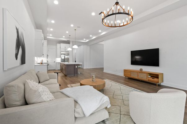 Interior, Kitchen, Living room, Pendant Lights, Recessed Lighting, Wood Texture Flooring