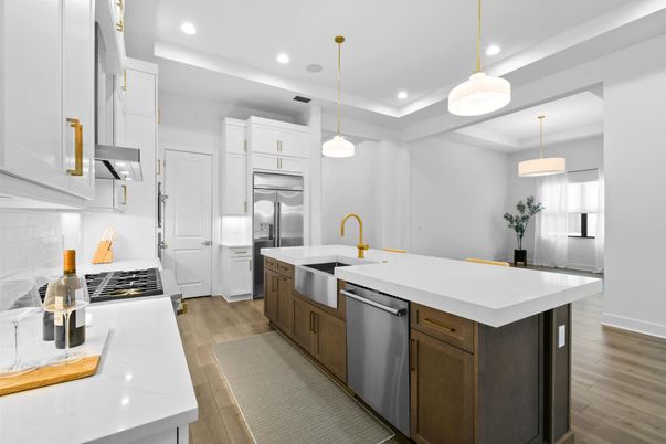 Interior, Kitchen, Pendant Lights, Recessed Lighting, Stainless Steel Appliances, Wood Texture Flooring