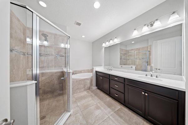 Bathroom, Dual Sink Vanities, Glass Shower, Interior, Recessed Lighting