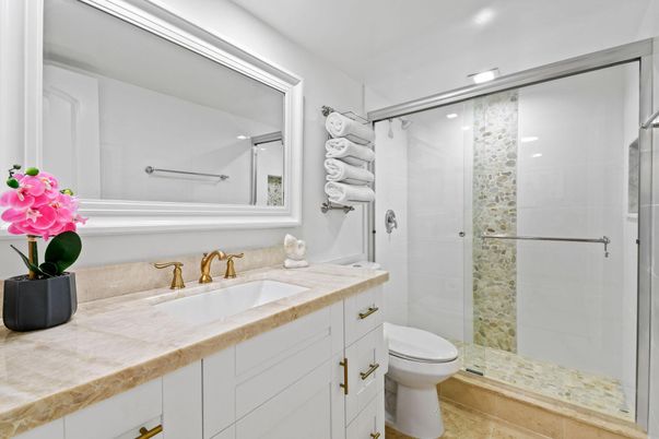 Bathroom, Glass Shower, Interior, Recessed Lighting, Tile Countertops
