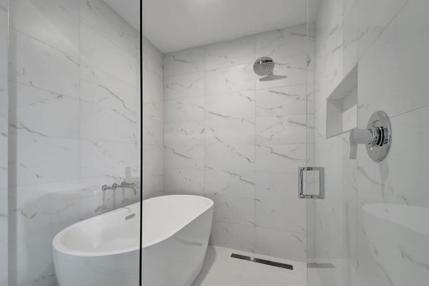 Bathroom, Free Standing Baths, Glass Shower, Interior, Marble Walls