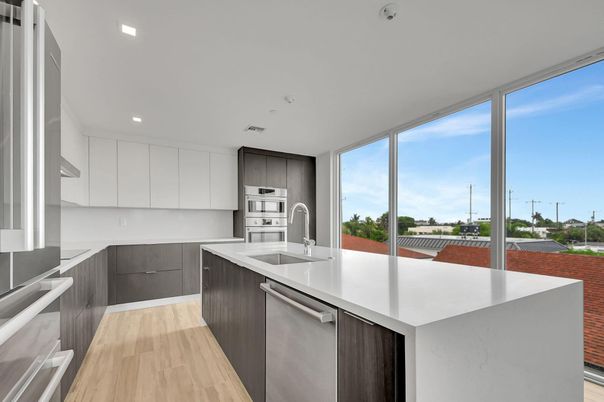 Interior, Kitchen, Recessed Lighting, Stainless Steel Appliances, Water, Wood Texture Flooring