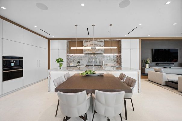 Dining room, Interior, Kitchen, Marble Walls, Pendant Lights, Recessed Lighting, Stainless Steel Appliances