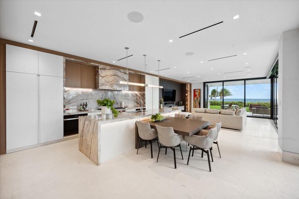 Dining room, Interior, Kitchen, Living room, Marble Walls, Pendant Lights, Recessed Lighting, Stainless Steel Appliances, Water
