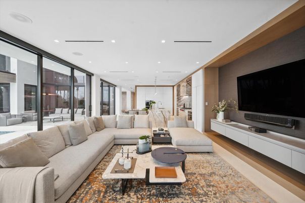 Fireplace, Interior, Living room, Pendant Lights, Recessed Lighting, Wood Texture Flooring