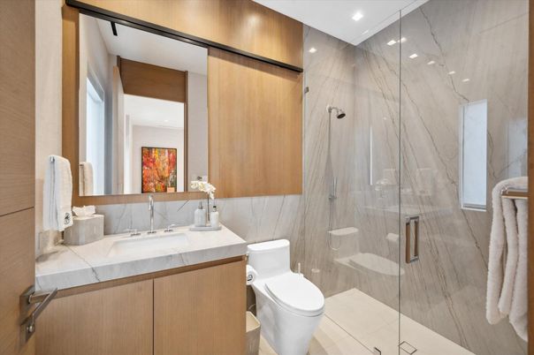 Bathroom, Glass Shower, Interior, Marble Walls, Recessed Lighting