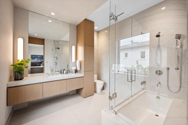 Bathroom, Dual Sink Vanities, Glass Shower, Interior, Recessed Lighting