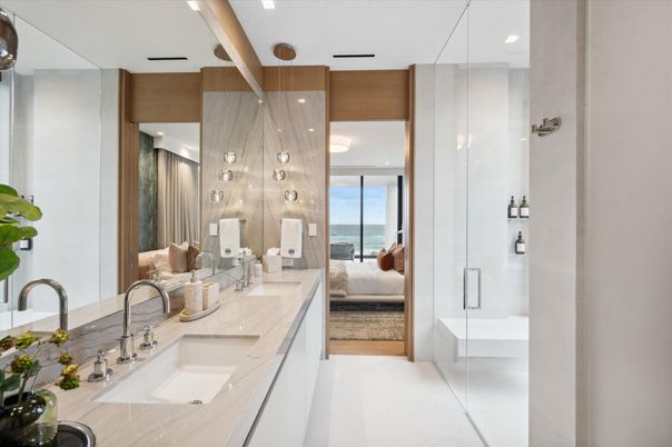 Bathroom, Bedroom, Dual Sink Vanities, Glass Shower, Interior, Living room, Marble, Pendant Lights, Recessed Lighting, Water
