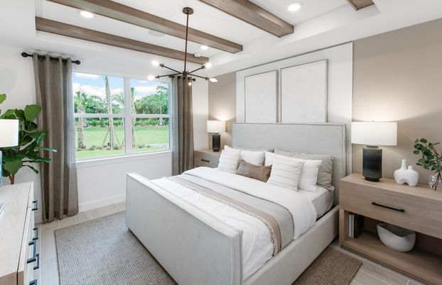 Bedroom, Interior, Pendant Lights, Recessed Lighting, Wooden Beams