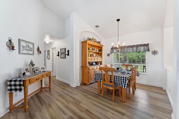 Dining room, Interior, Pendant Lights, Wood Texture Flooring