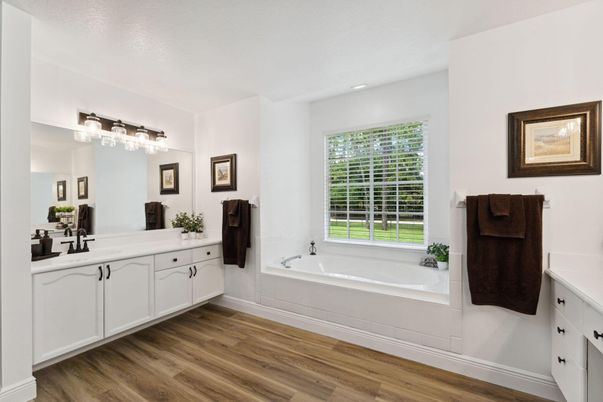 Bathroom, Dual Sink Vanities, Interior, Recessed Lighting, Wood Texture Flooring