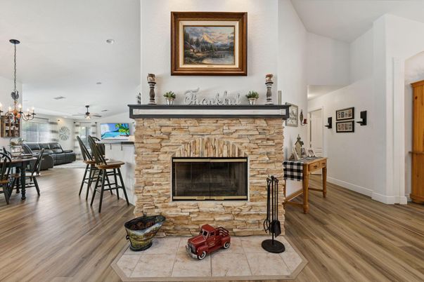 Dining room, Fireplace, Interior, Pendant Lights, Recessed Lighting, Wood Texture Flooring