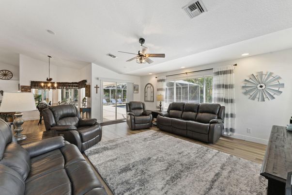Dining room, Interior, Living room, Recessed Lighting, Wood Texture Flooring
