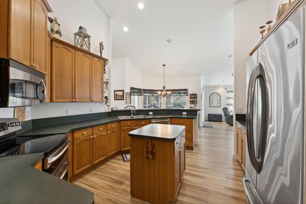Chandelier, Interior, Kitchen, Pendant Lights, Recessed Lighting, Wood Texture Flooring