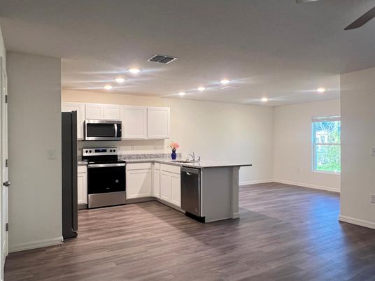 Interior, Kitchen, Recessed Lighting, Stainless Steel Appliances, Wood Texture Flooring