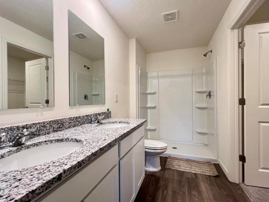 Bathroom, Dual Sink Vanities, Glass Shower, Interior, Wood Texture Flooring