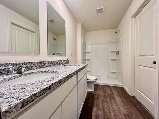 Bathroom, Glass Shower, Interior, Wood Texture Flooring