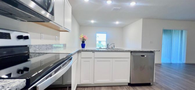 Interior, Kitchen, Recessed Lighting, Stainless Steel Appliances, Wood Texture Flooring