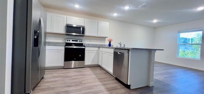 Interior, Kitchen, Recessed Lighting, Stainless Steel Appliances, Wood Texture Flooring