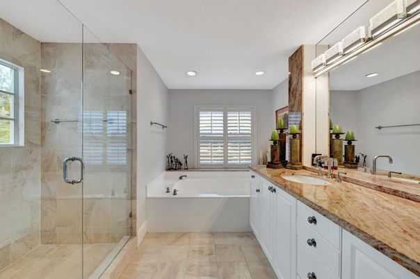 Bathroom, Dual Sink Vanities, Glass Shower, Interior, Recessed Lighting