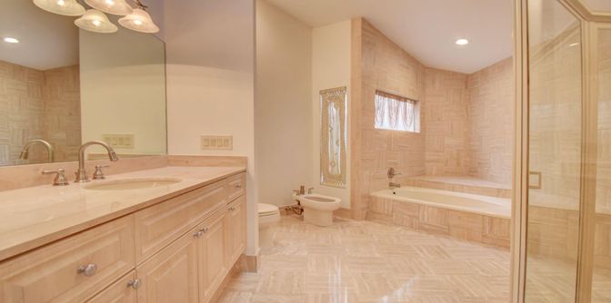 Bathroom, Dual Sink Vanities, Glass Shower, Interior, Recessed Lighting
