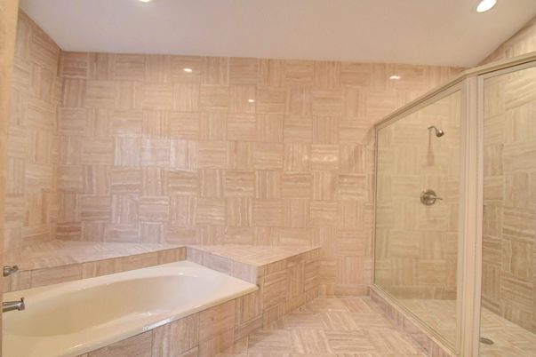 Bathroom, Glass Shower, Interior, Recessed Lighting, Wood Texture Flooring