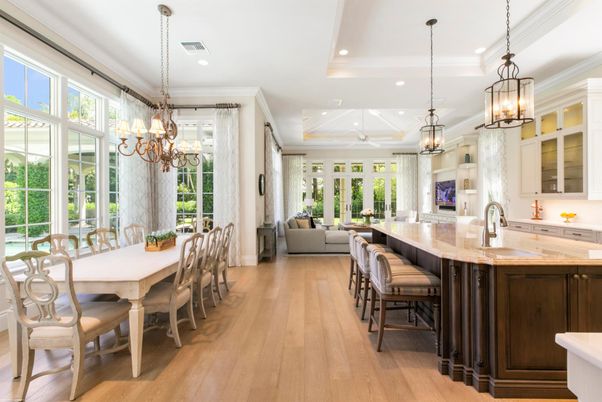 Chandelier, Dining room, Interior, Kitchen, Living room, Pendant Lights, Recessed Lighting, Wood Texture Flooring