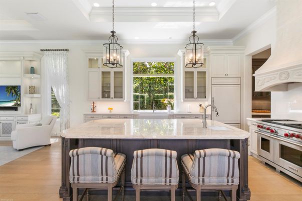 Chandelier, Interior, Kitchen, Pendant Lights, Recessed Lighting, Stainless Steel Appliances, Wood Texture Flooring