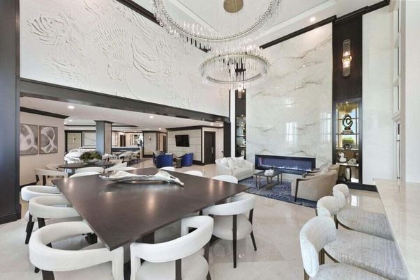 Dining room, Interior, Living room, Marble Walls, Pendant Lights, Recessed Lighting