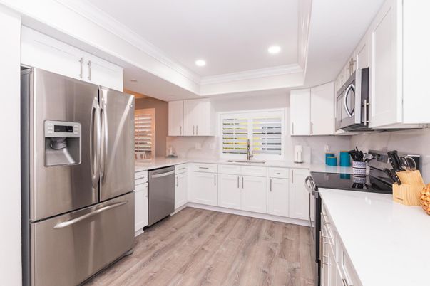 Interior, Kitchen, Recessed Lighting, Stainless Steel Appliances, Wood Texture Flooring