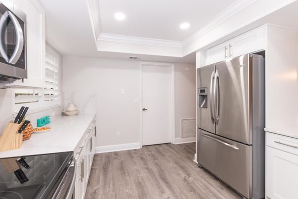 Interior, Kitchen, Recessed Lighting, Stainless Steel Appliances, Wood Texture Flooring