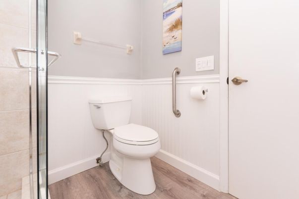 Bathroom, Glass Shower, Interior, Wood Texture Flooring