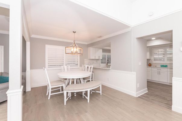 Dining room, Interior, Pendant Lights, Recessed Lighting, Wood Texture Flooring