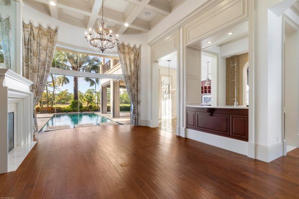 Chandelier, Fireplace, Interior, Recessed Lighting, Wood Texture Flooring