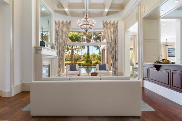 Chandelier, Fireplace, Interior, Living room, Recessed Lighting, Wood Texture Flooring