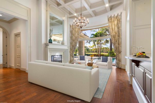 Chandelier, Fireplace, Interior, Living room, Recessed Lighting, Wood Texture Flooring