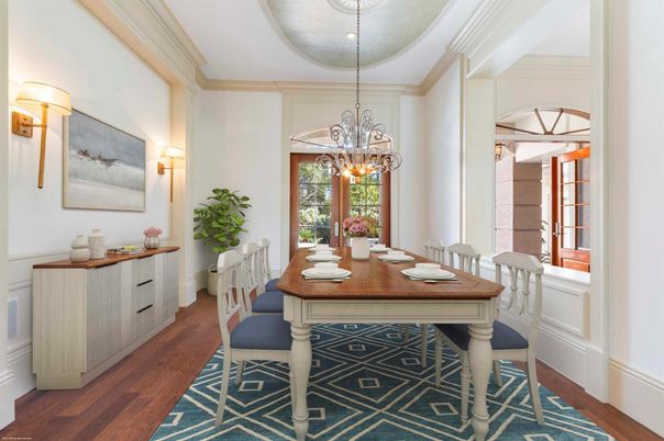 Chandelier, Dining room, Interior, Pendant Lights, Wood Texture Flooring
