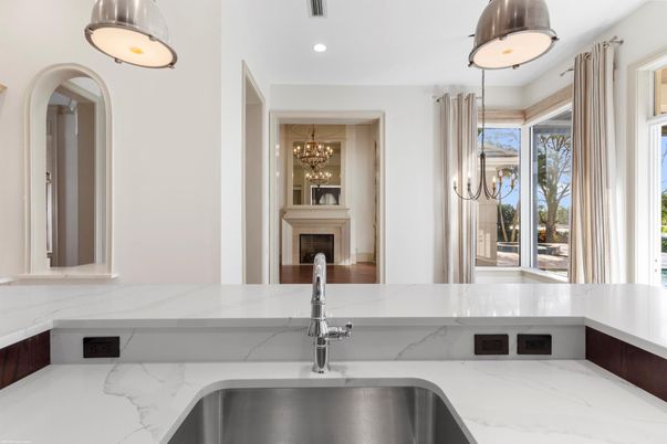 Fireplace, Interior, Kitchen, Marble Walls, Pendant Lights, Recessed Lighting