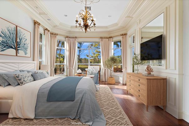 Bedroom, Chandelier, Interior, Recessed Lighting, Wood Texture Flooring