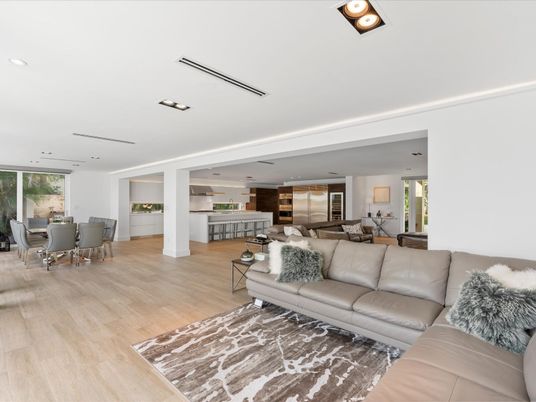 Dining room, Interior, Living room, Recessed Lighting, Wood Texture Flooring