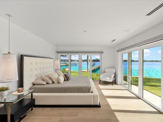 Bedroom, Interior, Pendant Lights, Recessed Lighting, Water, Wood Texture Flooring