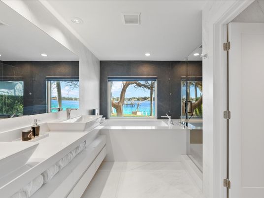 Bathroom, Dual Sink Vanities, Glass Shower, Interior, Marble, Recessed Lighting, Water