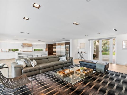 Interior, Kitchen, Living room, Recessed Lighting, Stainless Steel Appliances, Wood Texture Flooring